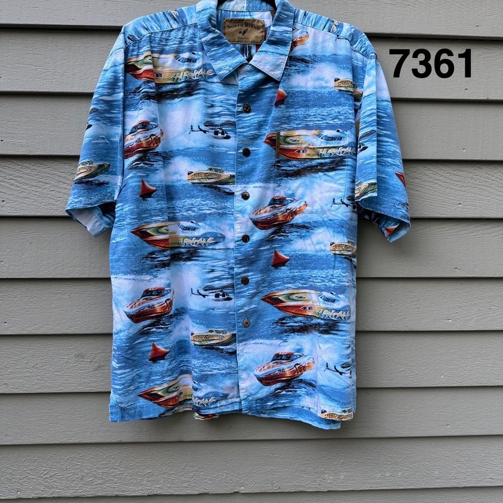North River Outfitters Mens Blue Speedboat Helicopter Graphic Button Shirt L